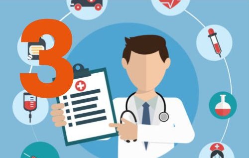 Illustration d’un médecin tenant un clipboard médical, entouré d’icônes de santé, avec un grand chiffre 3 orange au premier plan