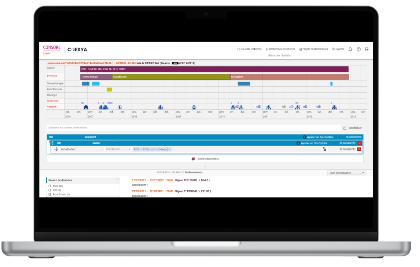 Capture d’écran d’un ordinateur portable affichant l’interface de Consore, avec une timeline médicale, des filtres de recherche et des données de patients.